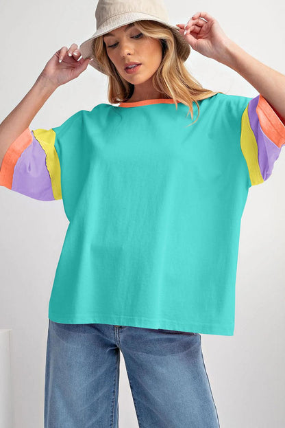 Pink Color Block Sleeve Round Neck Oversize Top - The Fair Lady Shop