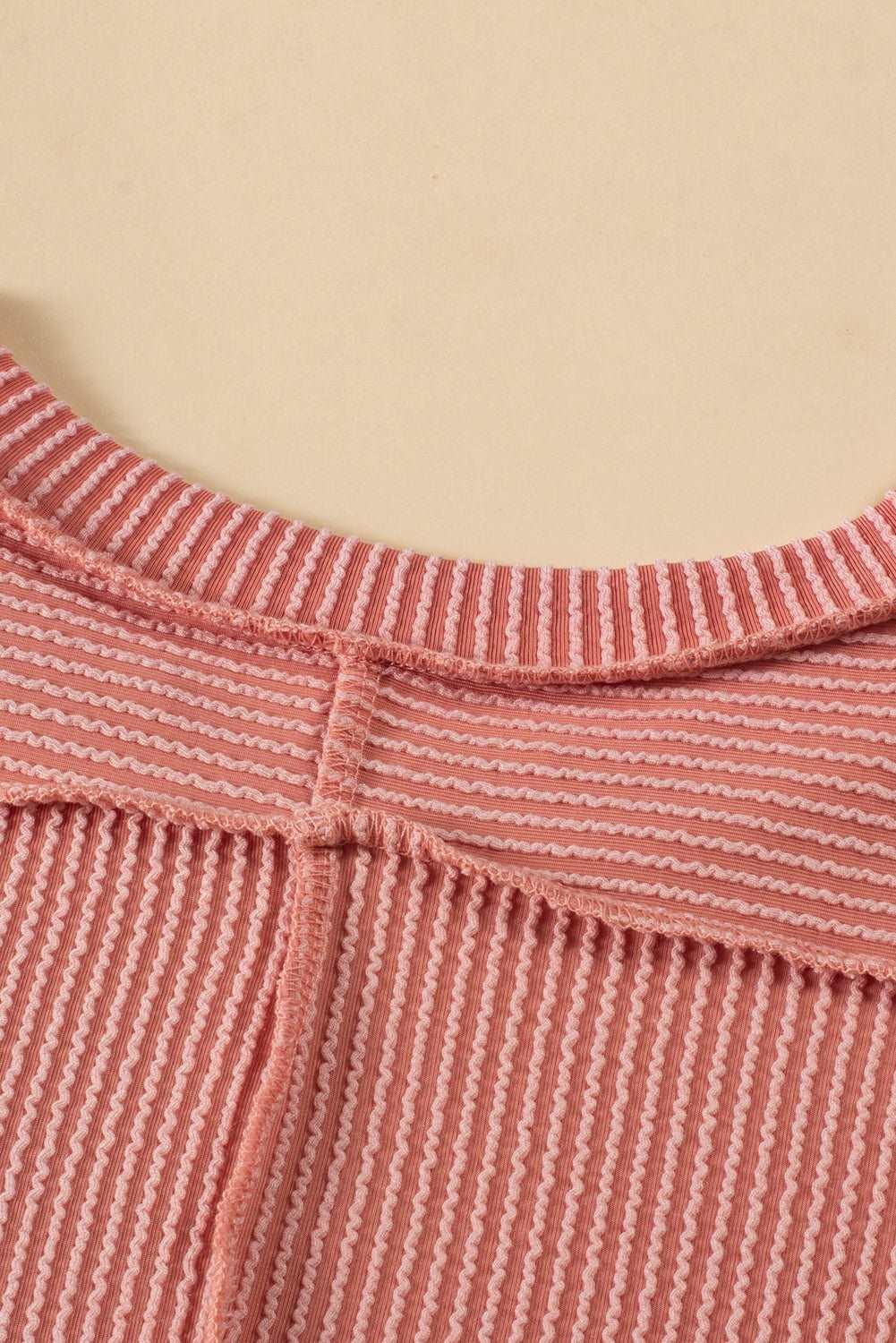 Apricot Pink Colorblock Ribbed Round Neck T Shirt - The Fair Lady Shop