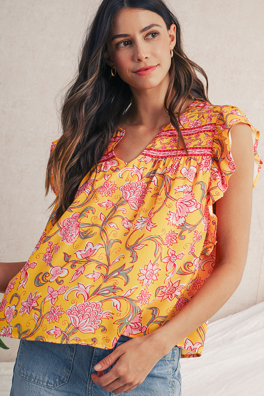 Yellow Floral Ruffle Shoulder V Neck Flowy Blouse - The Fair Lady Shop