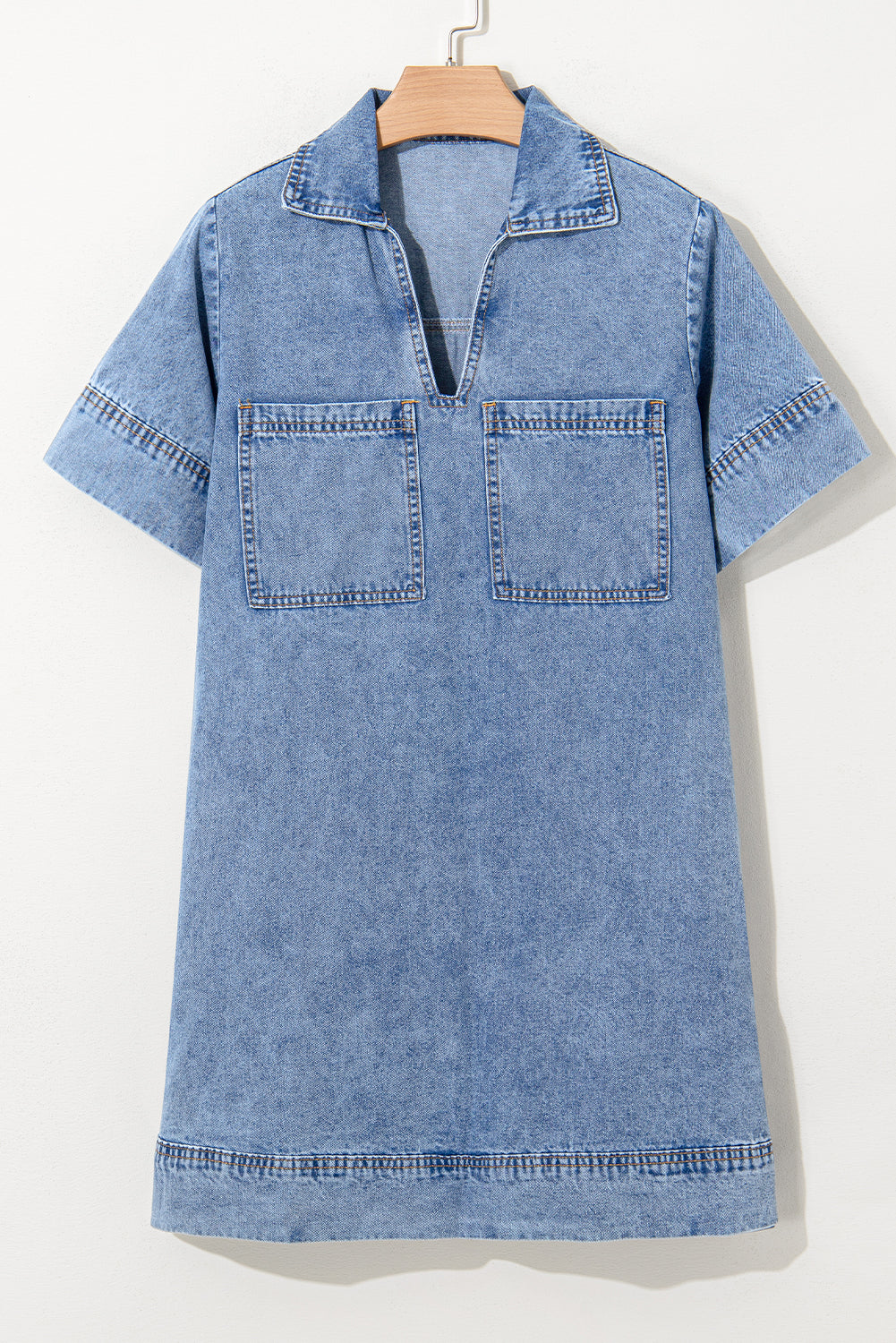 Beau Blue Short Sleeve Collared Chest Pocket Denim Mini Dress - The Fair Lady Shop