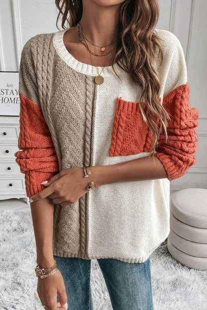 Rose Tan Colorblock Pocket Drop Shoulder Sweater - The Fair Lady Shop