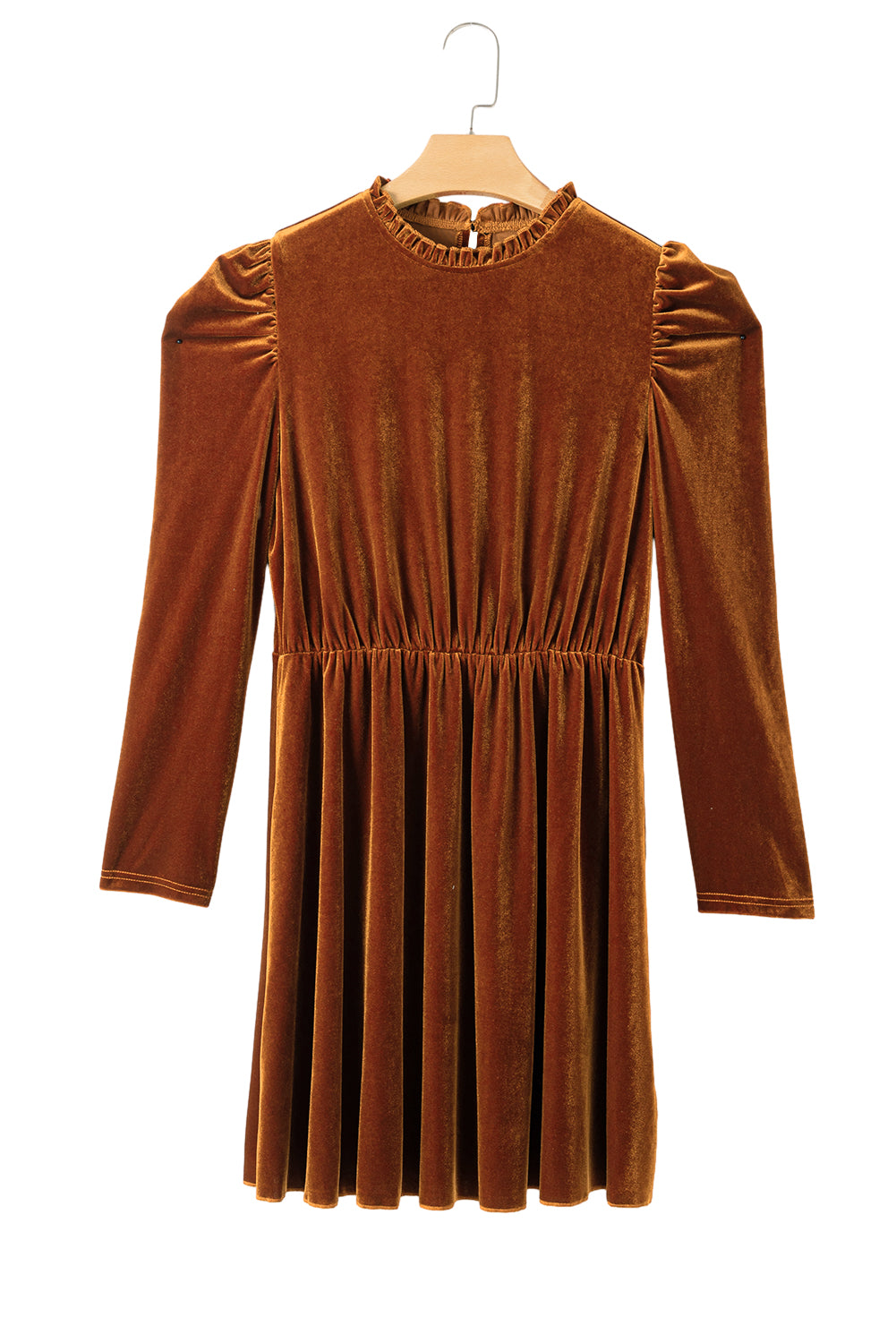 Chestnut Velvet Frilled Neck Gigot Sleeve Swing Dress - The Fair Lady Shop