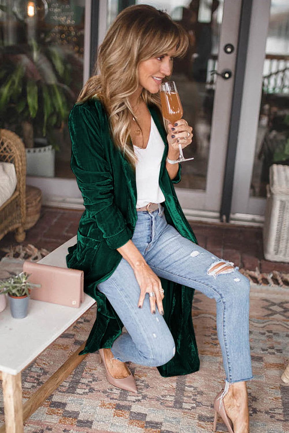 Green Velvet Elegant Pocket Open Front Long Cardigan - The Fair Lady Shop
