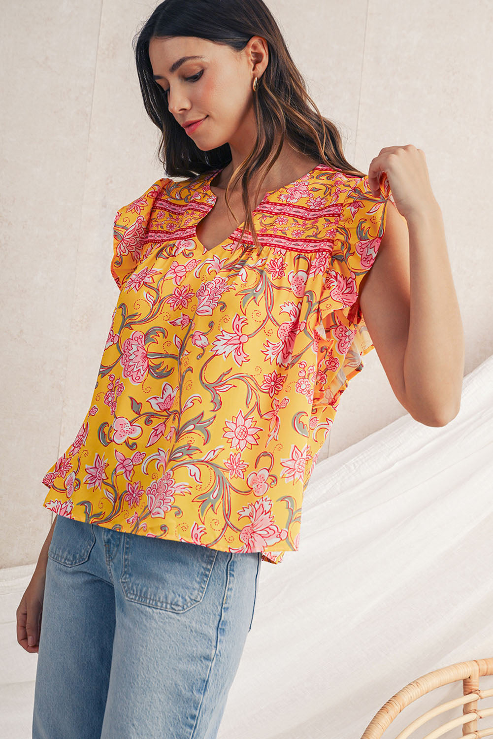 Yellow Floral Ruffle Shoulder V Neck Flowy Blouse - The Fair Lady Shop