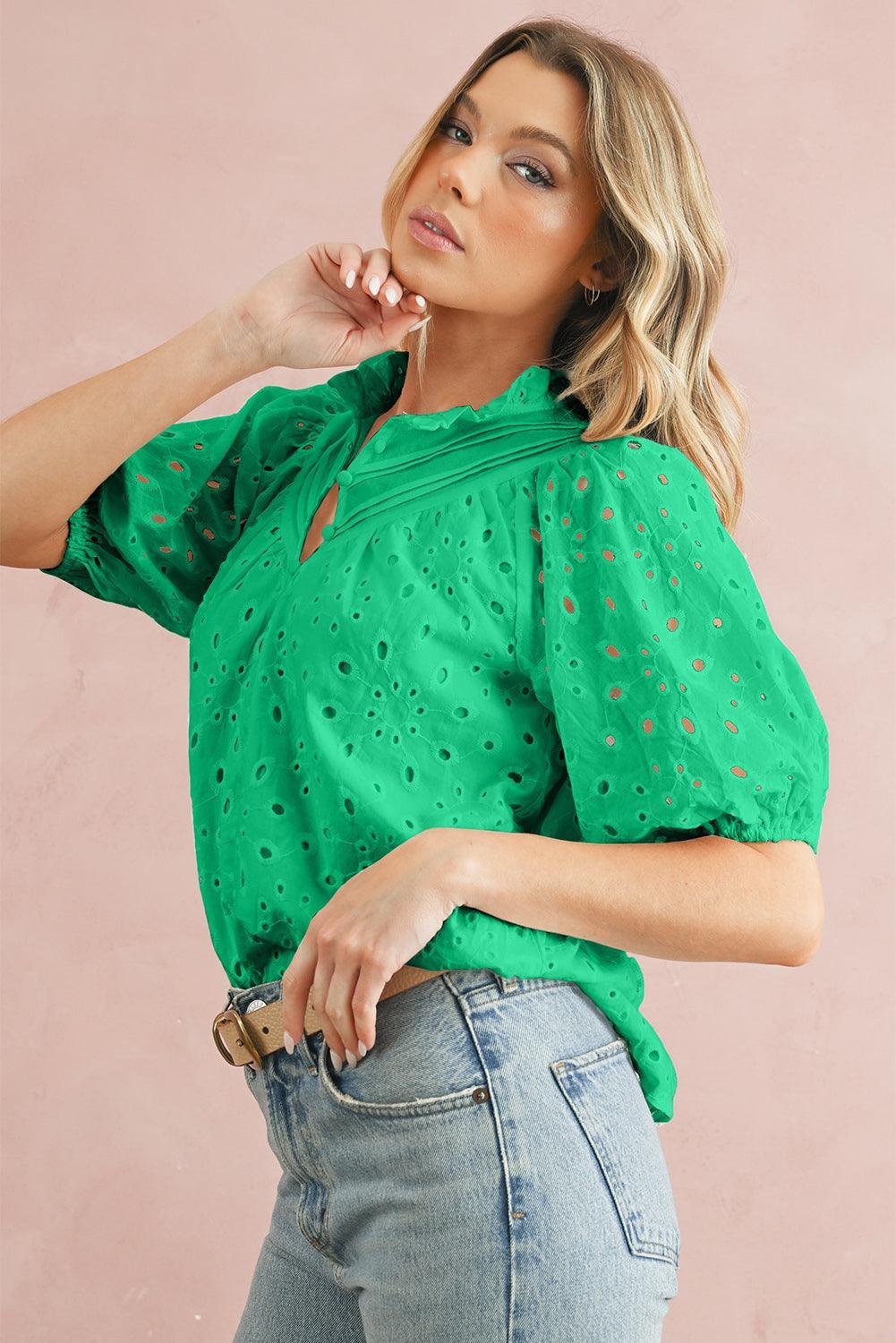 Bonbon Hollow-out Flower Embroidered Short Puff Sleeve Blouse - The Fair Lady Shop