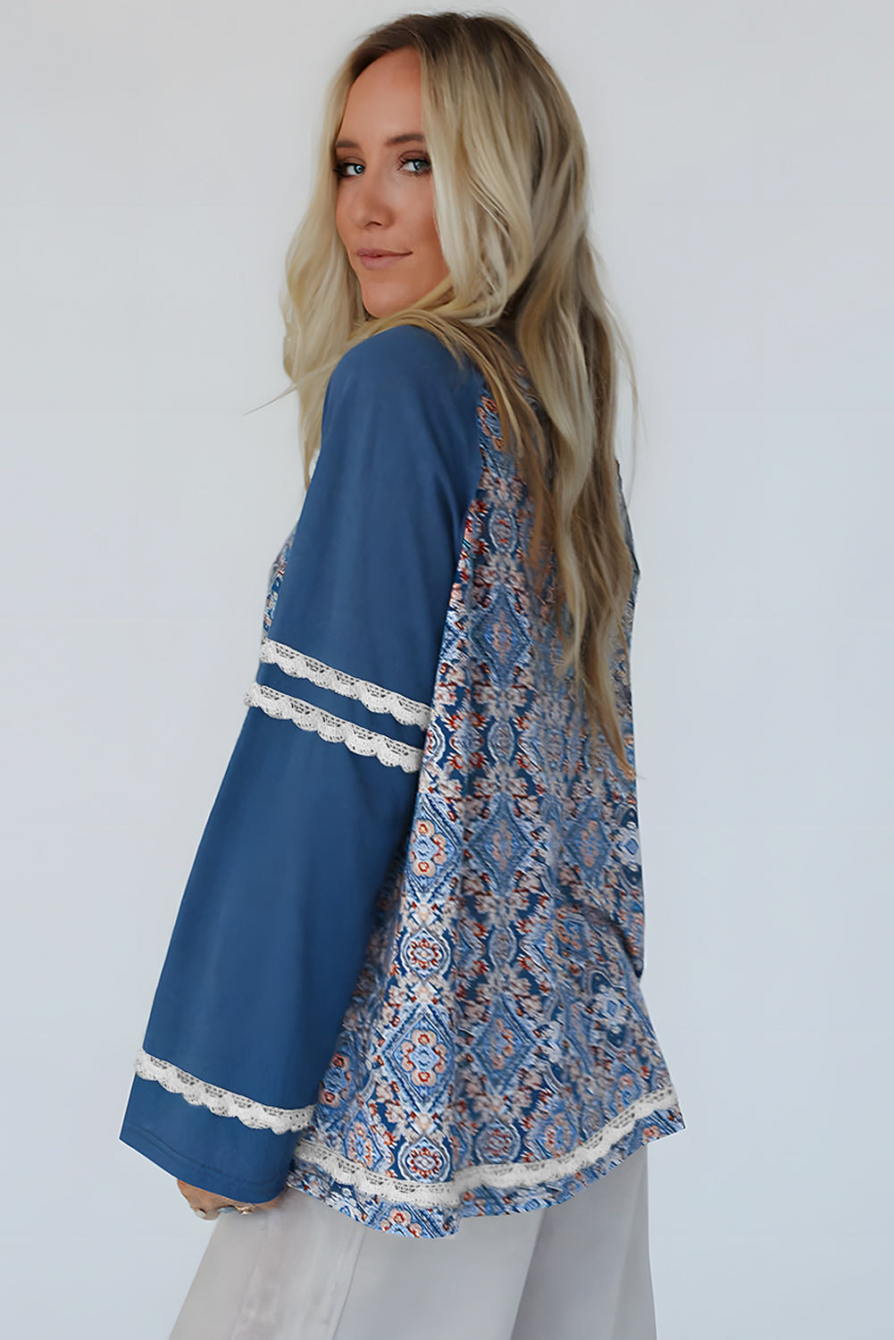 Blue Boho Geometric Print Lace Ricrac Raglan Sleeve Blouse - The Fair Lady Shop