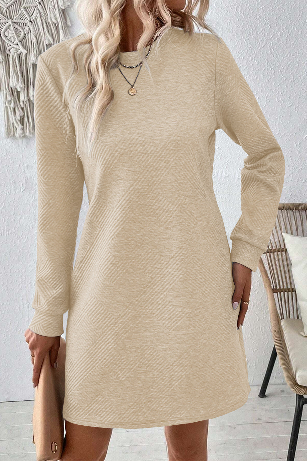 Apricot Plain Textured Long Sleeve Shift Short Dress - The Fair Lady Shop