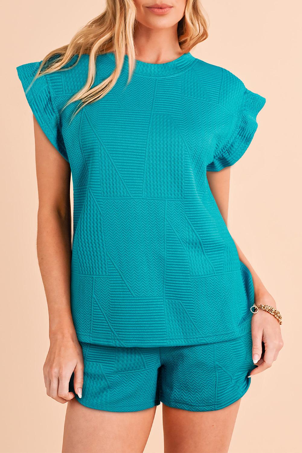 Dark Green Textured Ruffle Split Top and Drawstring Shorts Set - The Fair Lady Shop