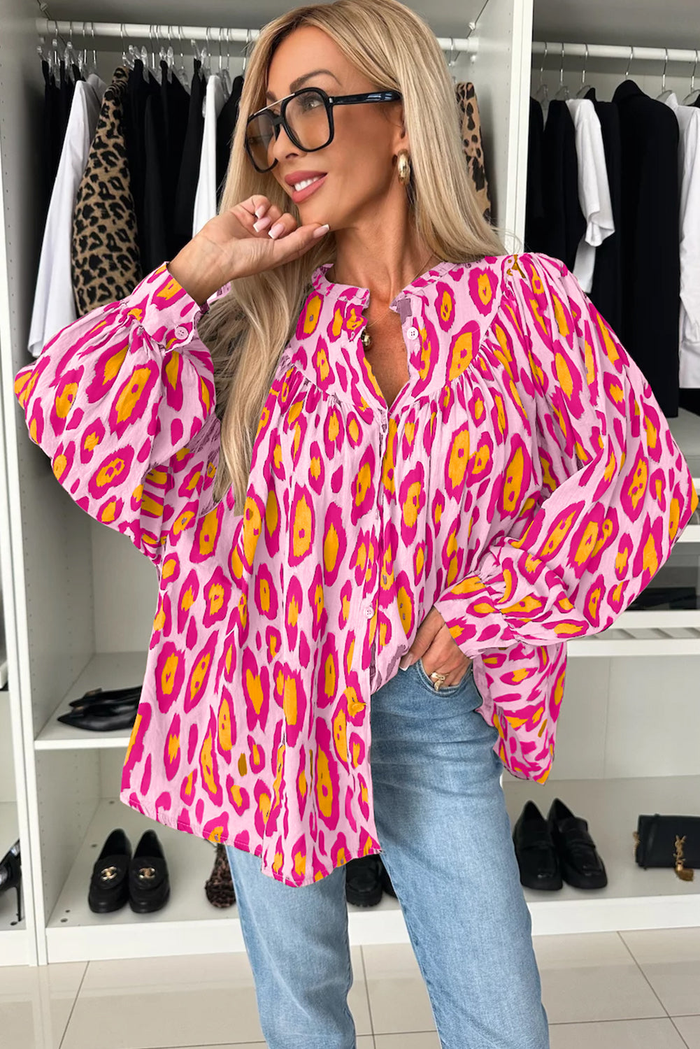 Rose Red Leopard Print Balloon Sleeve Loose Blouse - The Fair Lady Shop