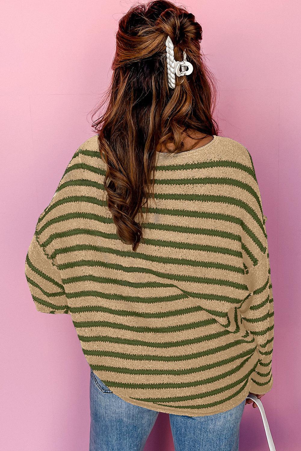 Khaki Casual Stripe Round Neck Drop Shoulder Sweater - The Fair Lady Shop