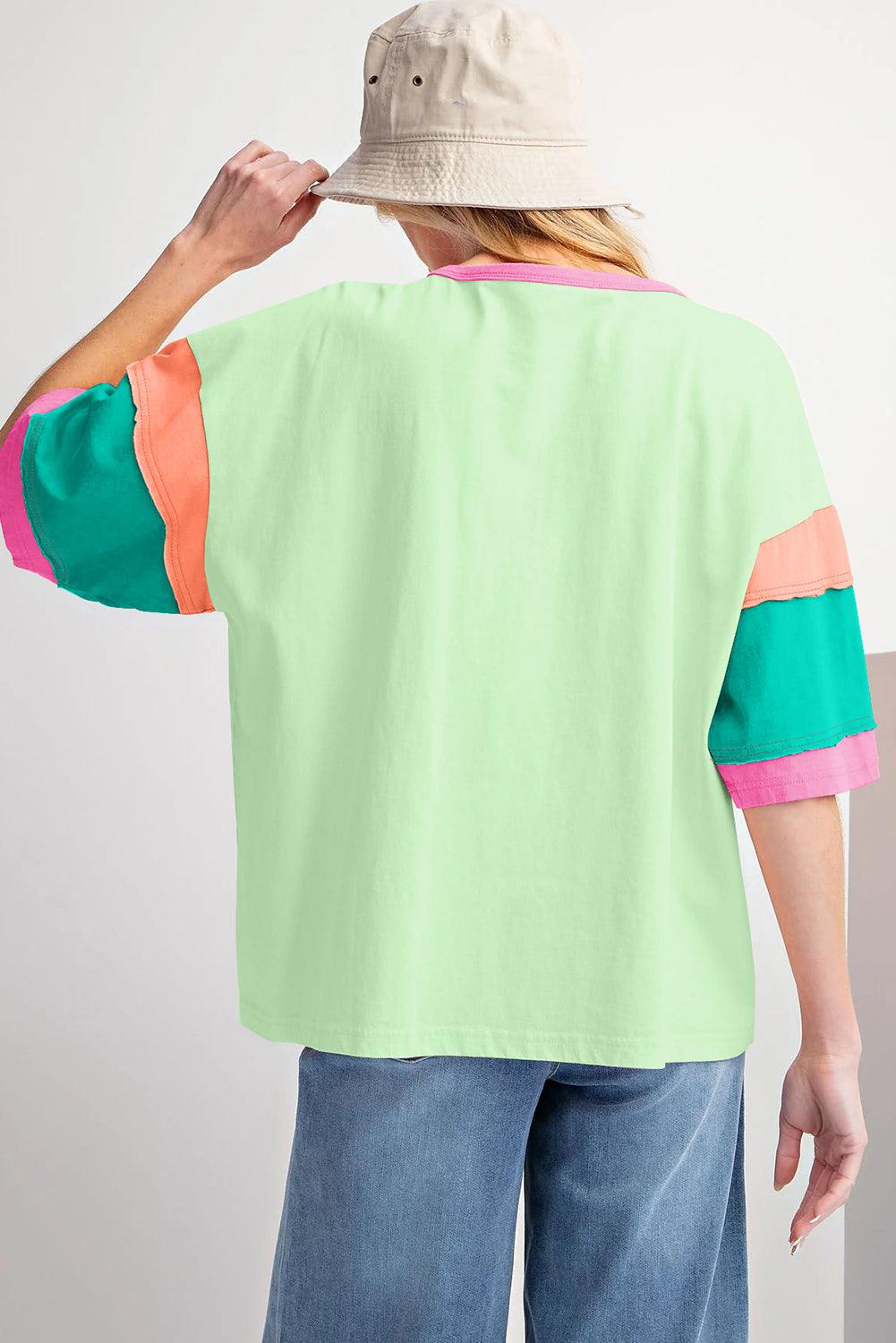 Pink Color Block Sleeve Round Neck Oversize Top - The Fair Lady Shop