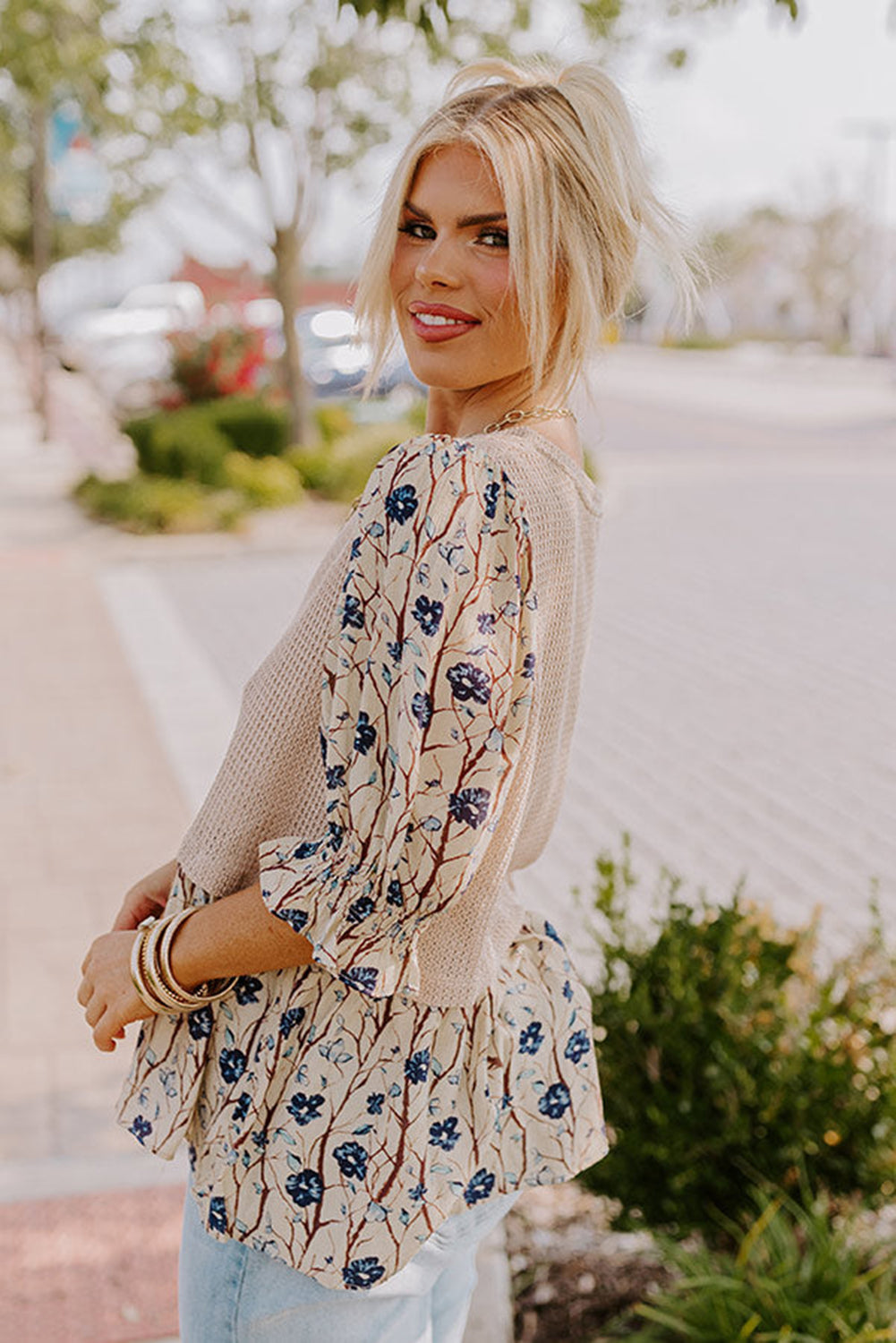 Beige Faux Two Piece Knit Patchwork Floral Plus Size Top - The Fair Lady Shop