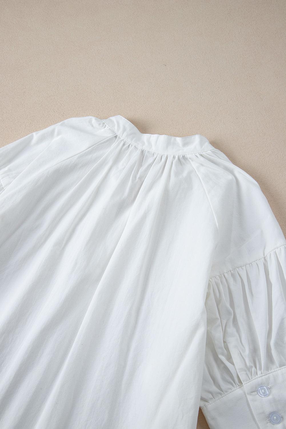 White Solid Color Ruched Bubble Sleeve V Neck Shirt - The Fair Lady Shop