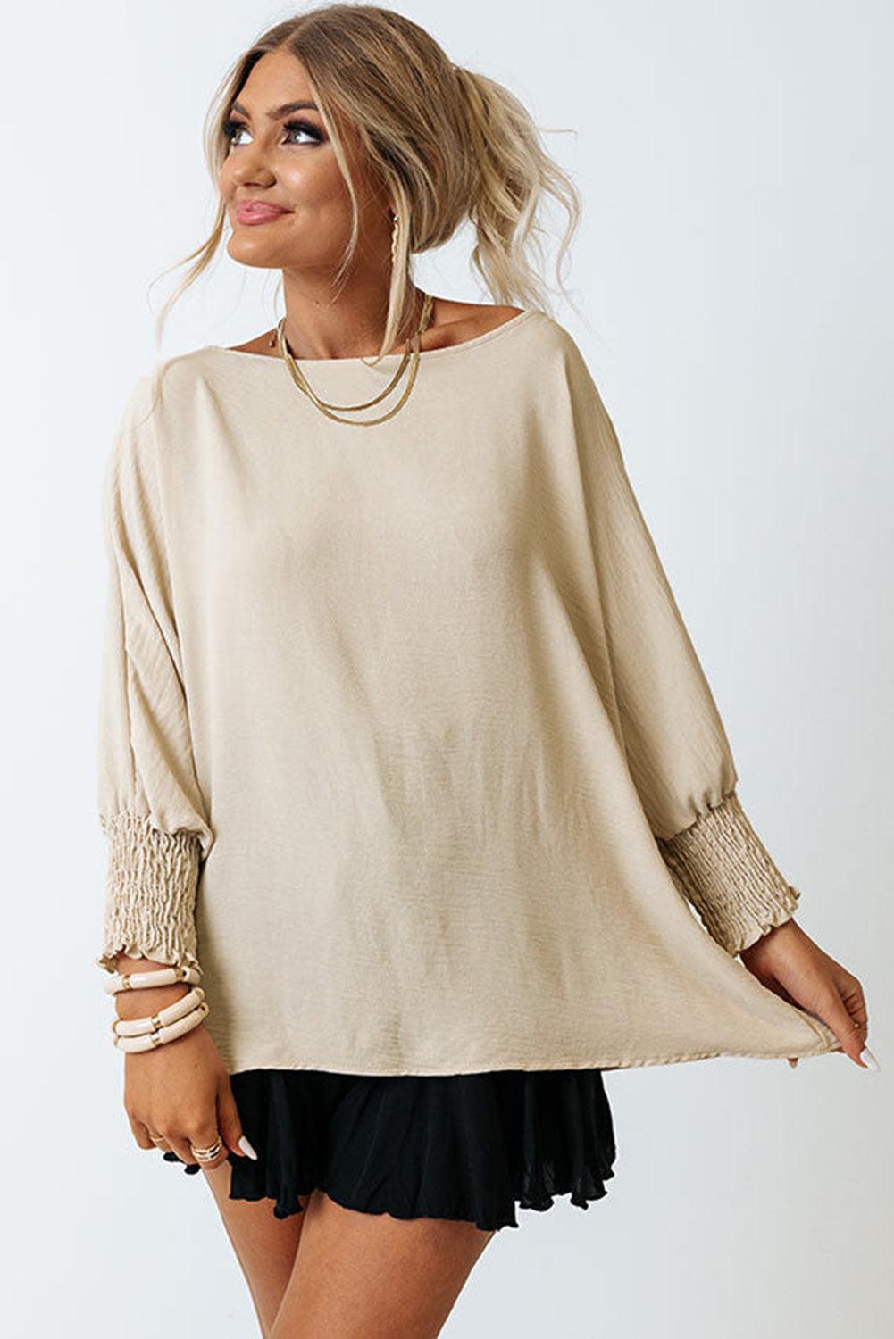 White Plain & Casual Shirred Cuffs Half Sleeve Top - The Fair Lady Shop
