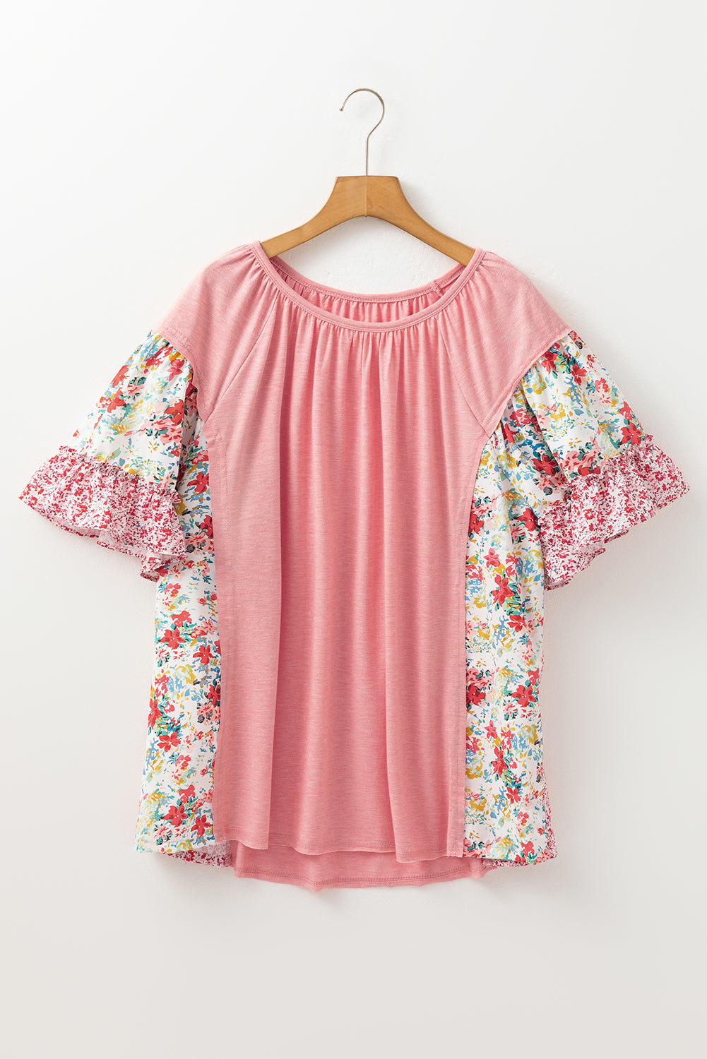 Pink Plus Size Floral Patchwork Ruffle Short Sleeve Blouse - The Fair Lady Shop