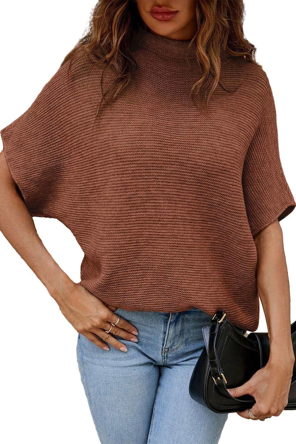 Apricot Mock Neck Short Batwing Sleeve Sweater - The Fair Lady Shop