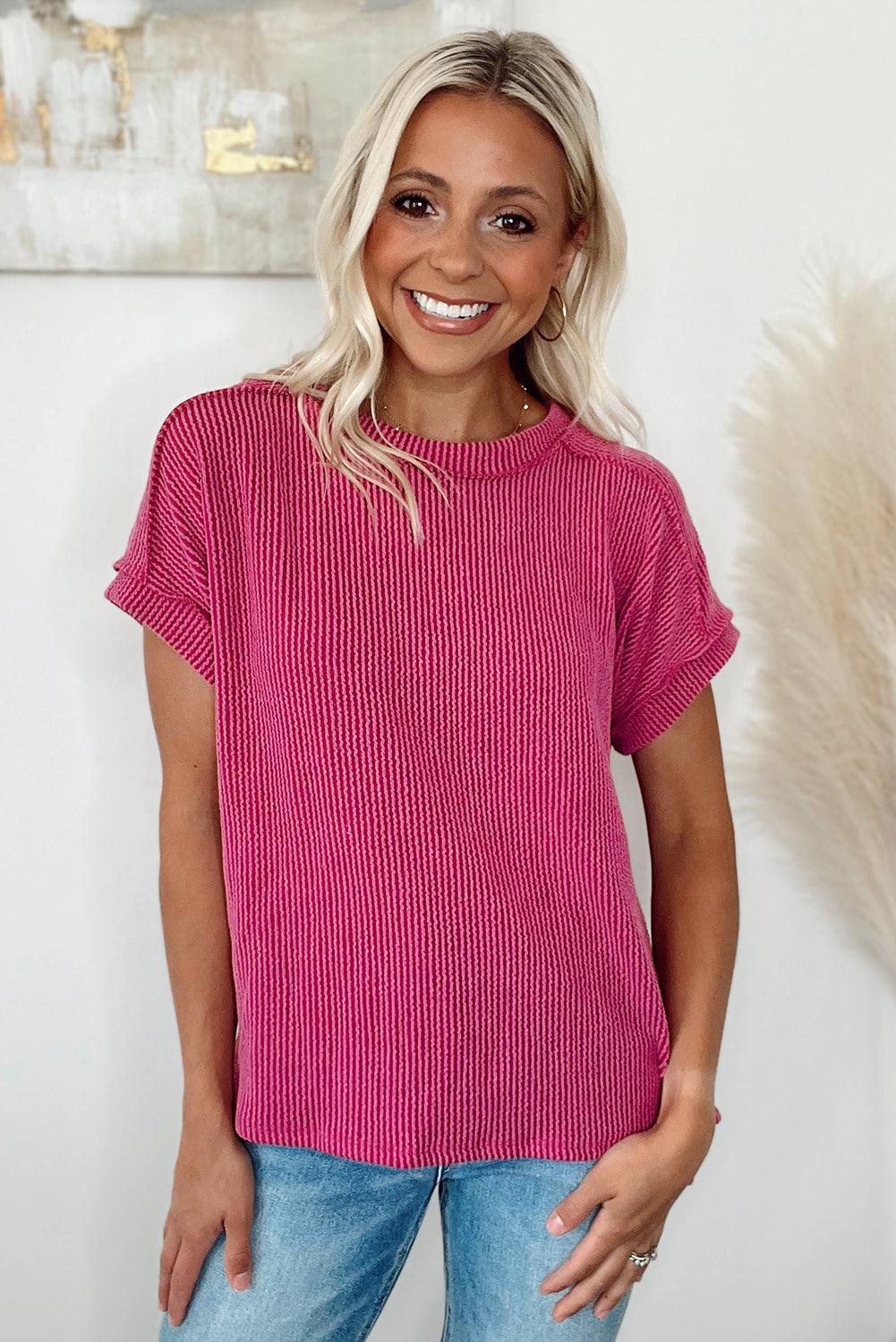 Medium Grey Ribbed Knit Exposed Seam Round Neck T-shirt - The Fair Lady Shop