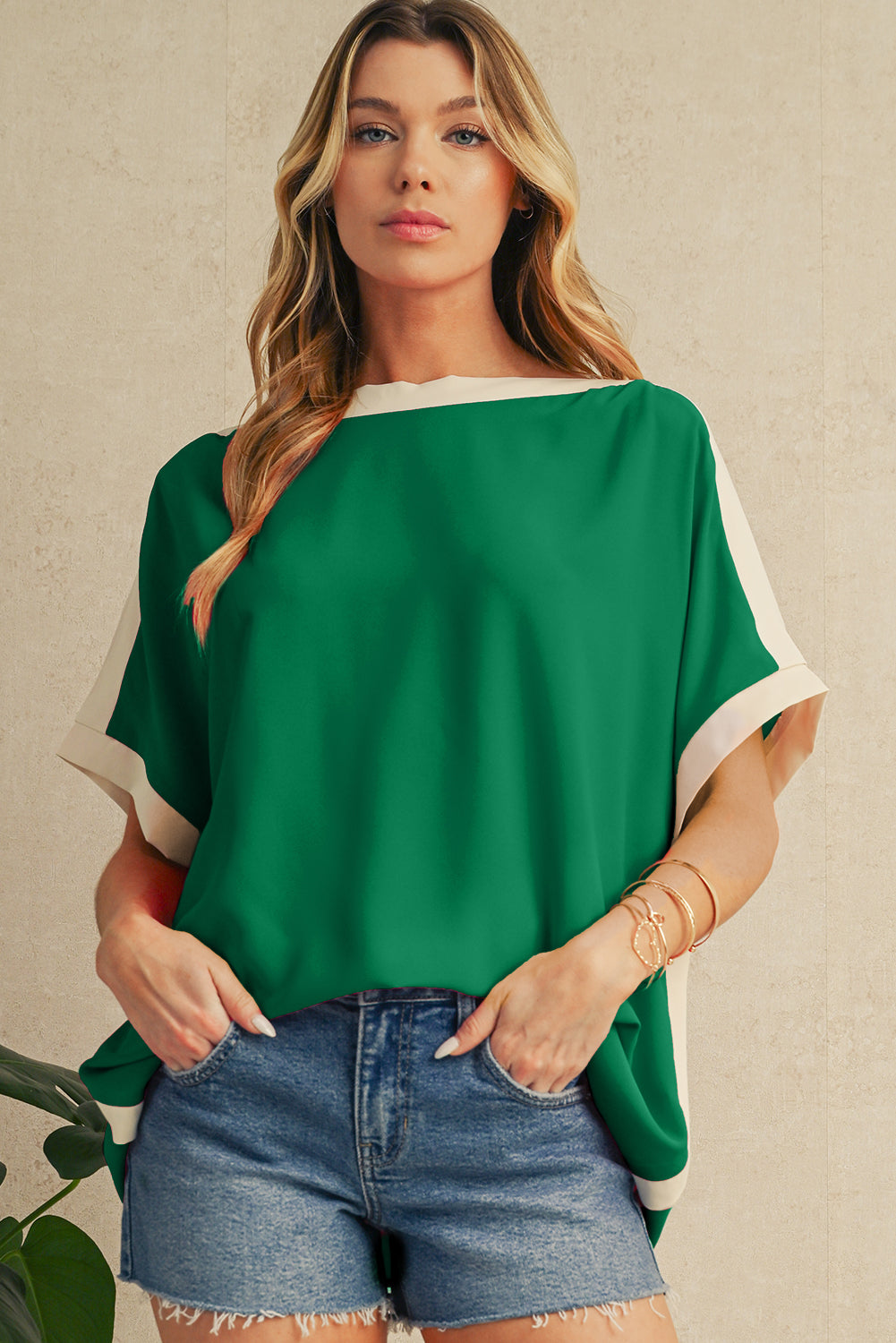 Green Colorblock Batwing Sleeve Boat Neck Blouse - The Fair Lady Shop