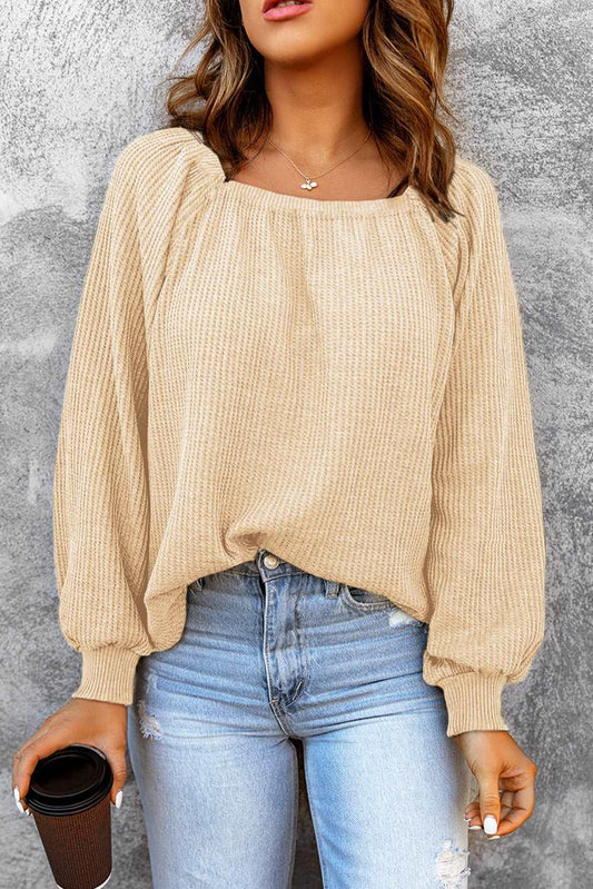 Apricot Waffle Texture Square Neck Pullover Top - The Fair Lady Shop