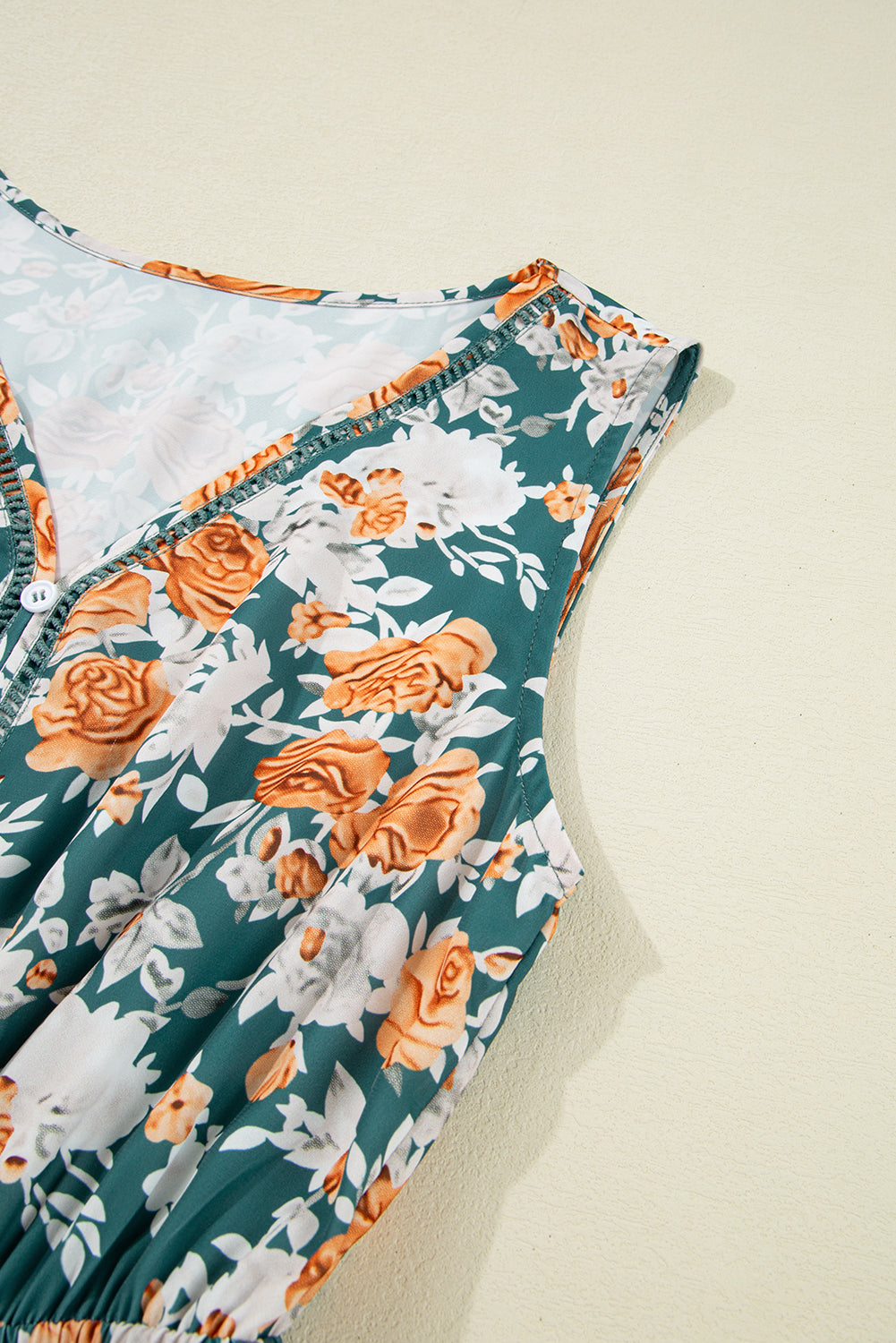 Green Floral Print Trimmed V Neck Sleeveless Vacation Dress - The Fair Lady Shop