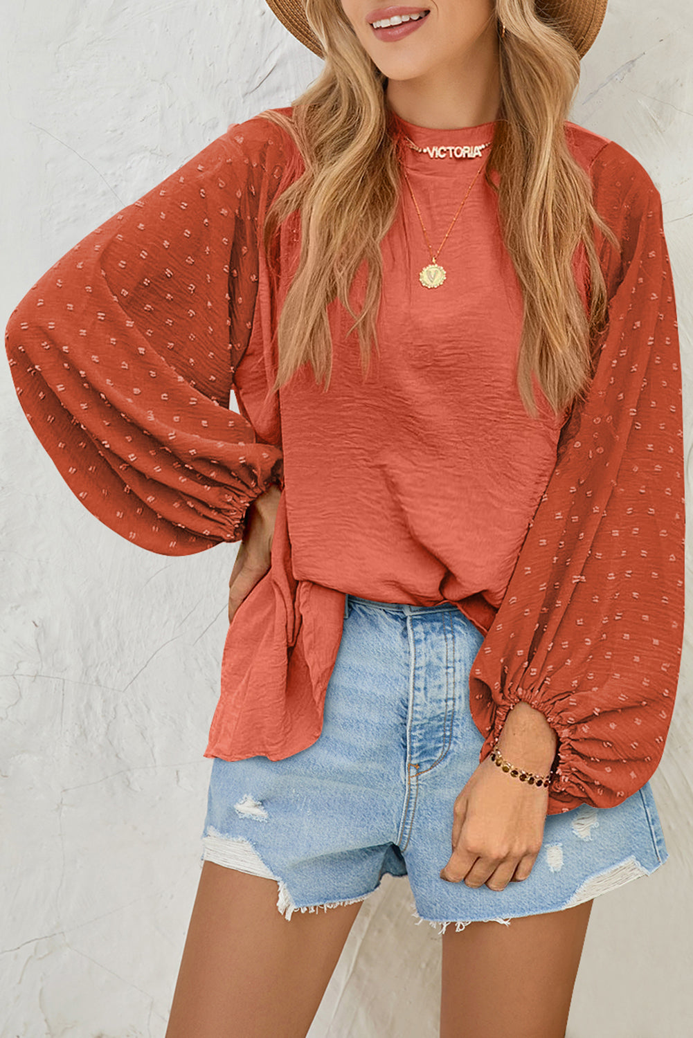 Russet Orange Swiss Dot Balloon Sleeve Patchwork Crinkle Blouse - The Fair Lady Shop