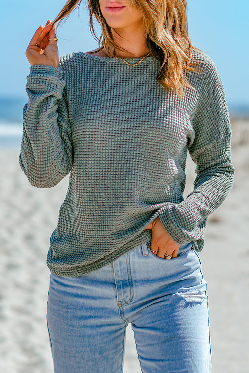 Green Waffle Knit Drop Shoulder Long Sleeve Top - The Fair Lady Shop