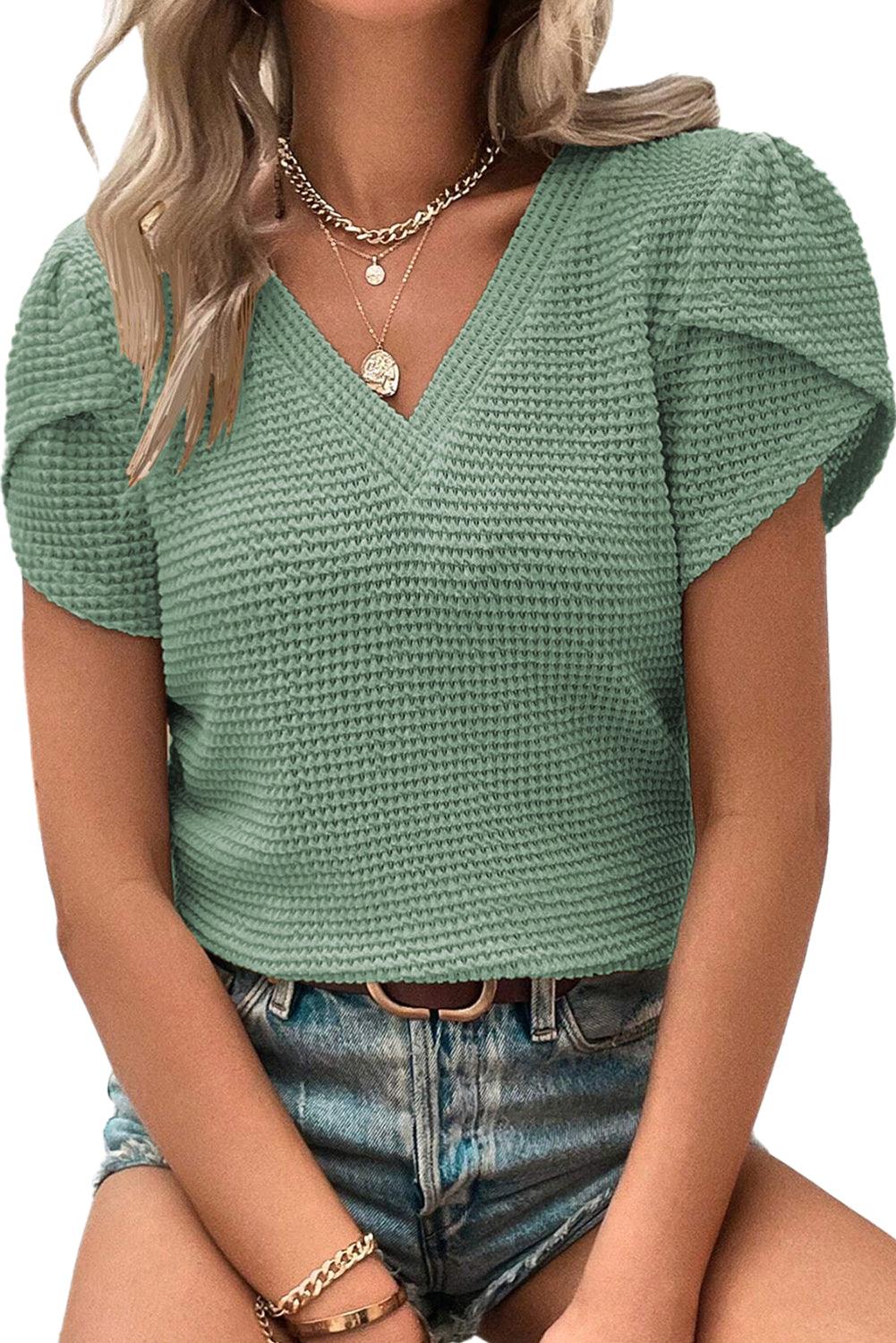 Mist Green Tulip Sleeve Waffle Knit V Neck T-Shirt - The Fair Lady Shop