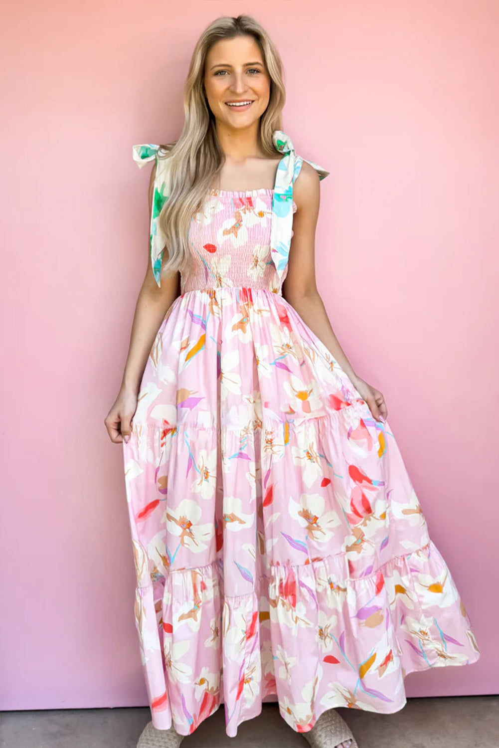 Pink Floral Print Knotted Shoulder Smocked Maxi Dress - The Fair Lady Shop