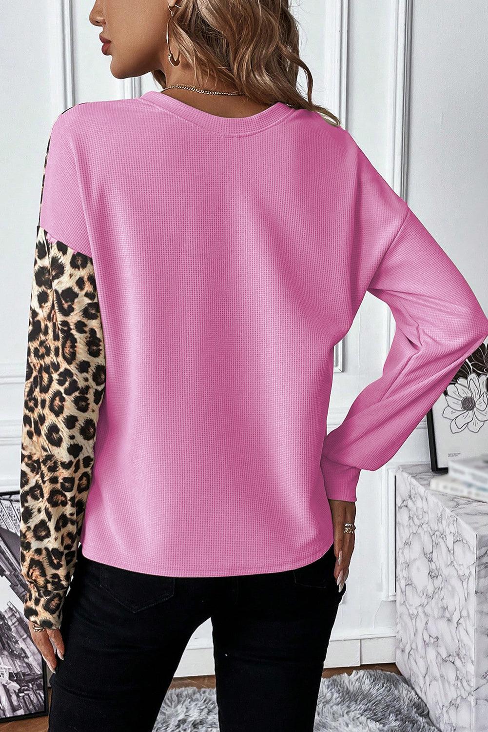 Bonbon Casual Waffle Knit Leopard Contrast Long Sleeve Top - The Fair Lady Shop