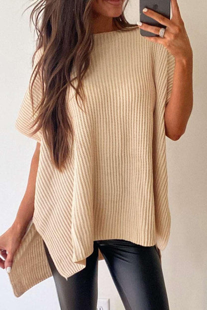 Apricot Side Slit Short Sleeve Oversized Sweater - The Fair Lady Shop