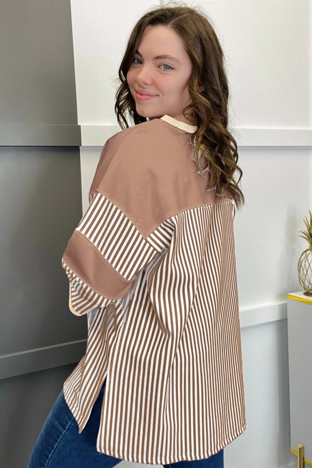 Khaki Stripe Patchwork Bracelet Sleeve Plus Size T Shirt - The Fair Lady Shop