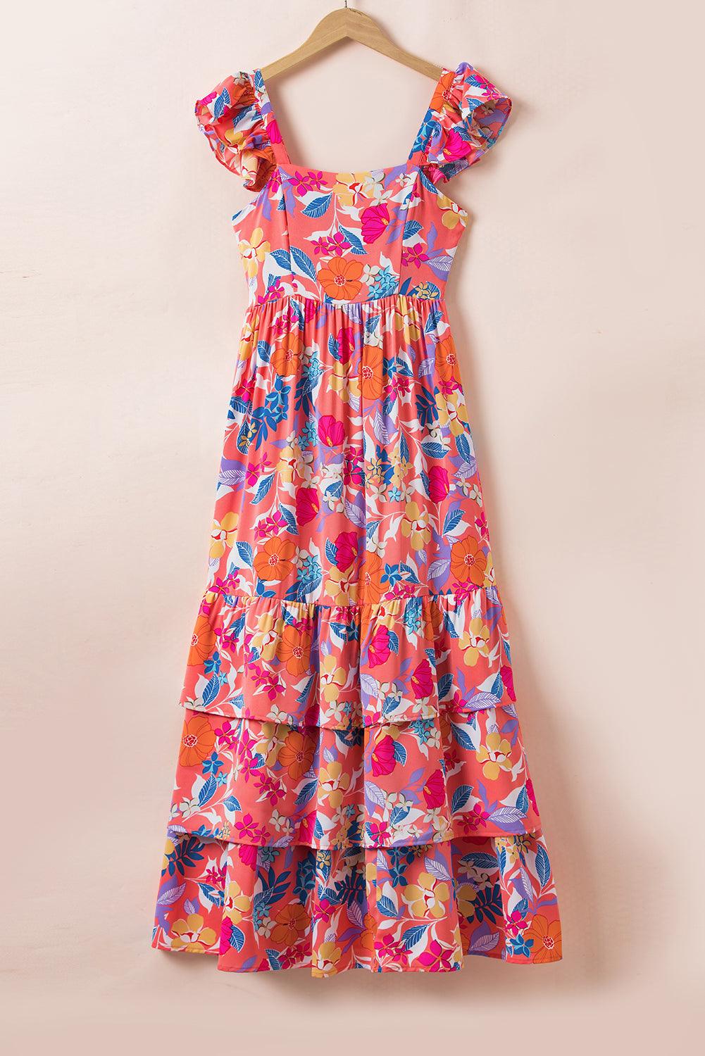 Pink Floral Print Sleeveless Ruffle Tiered Maxi Dress - The Fair Lady Shop