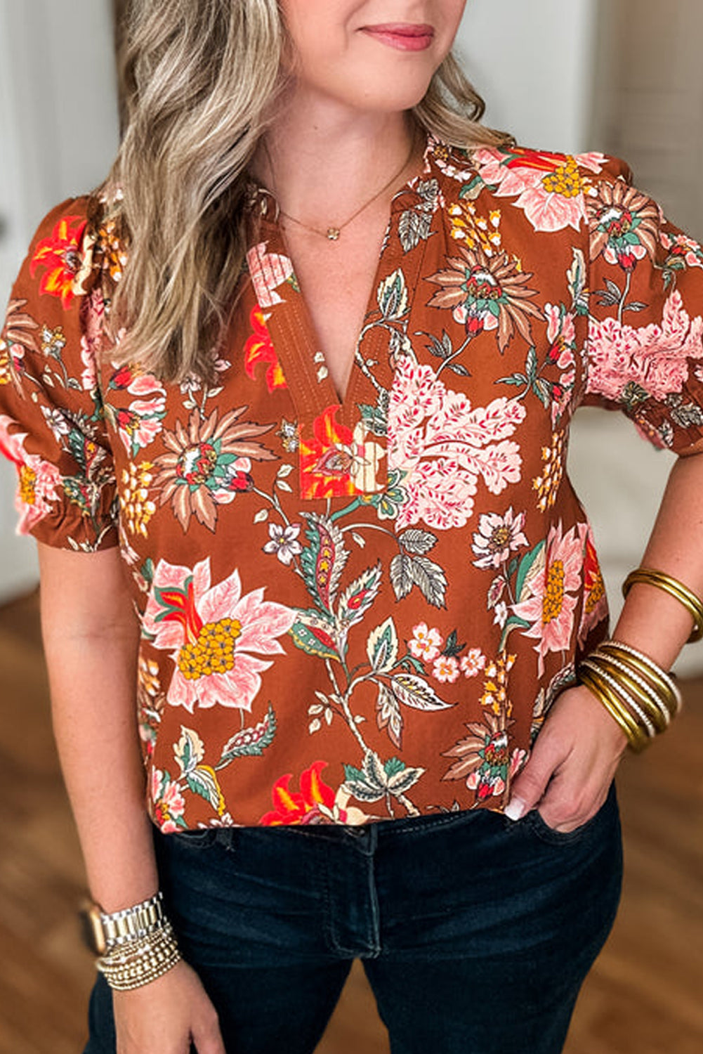 Brown Floral Frill Trim Plus Size Puff Sleeve Blouse - The Fair Lady Shop