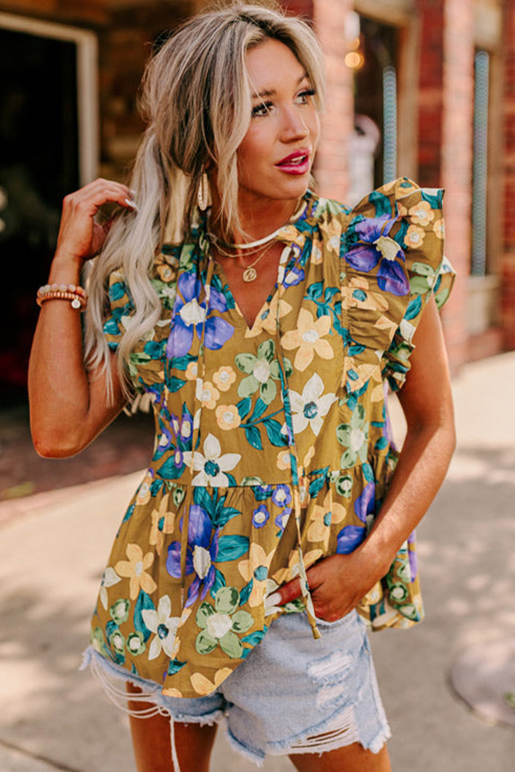 Yellow Floral Print Tie V Neck Ruffle Top - The Fair Lady Shop