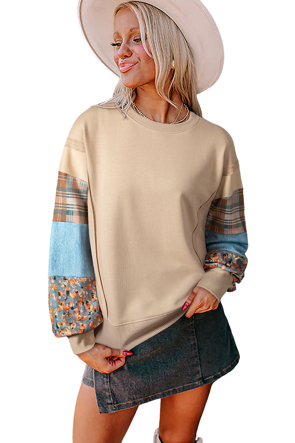 Smoke Gray Plaid Patchwork Sleeve Raw Seam Sweatshirt