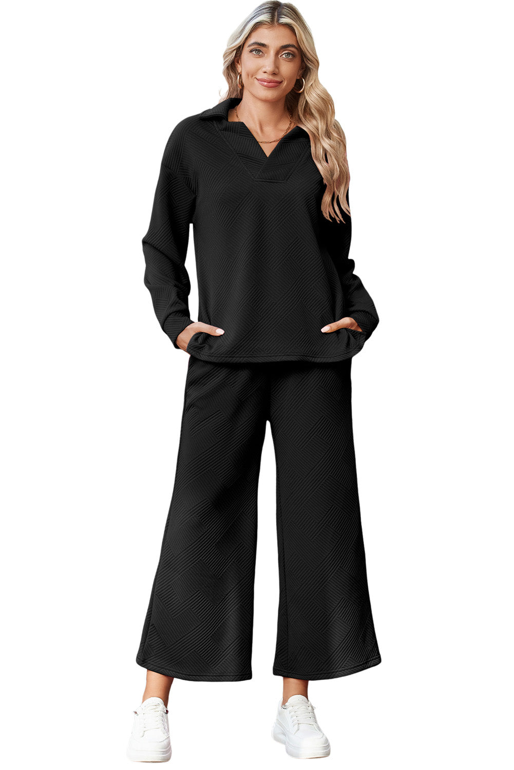 Black Plain Textured Collared V Neck Top and Wide Leg Pants Set - The Fair Lady Shop