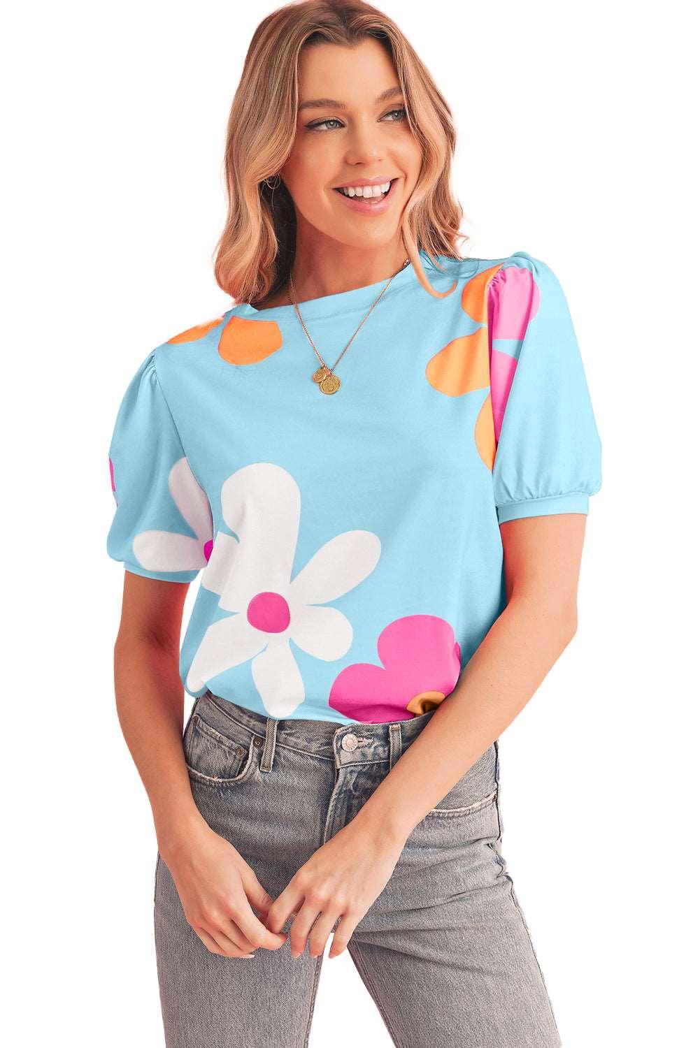 Apricot Colorful Flower Print Bubble Sleeve Tee - The Fair Lady Shop