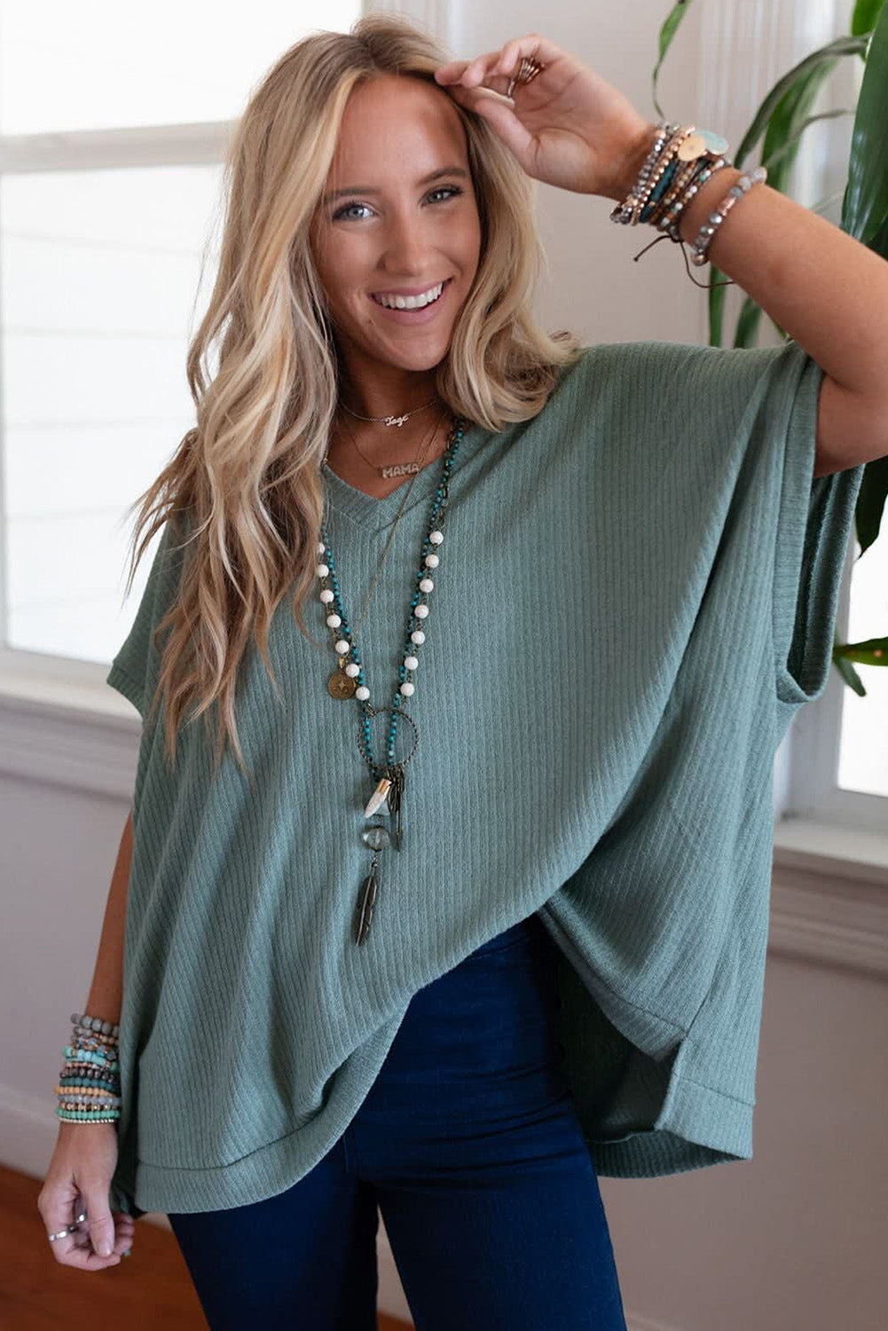 Moonlight Jade Oversized Ribbed Knit V Neck Short Sleeve Top - The Fair Lady Shop