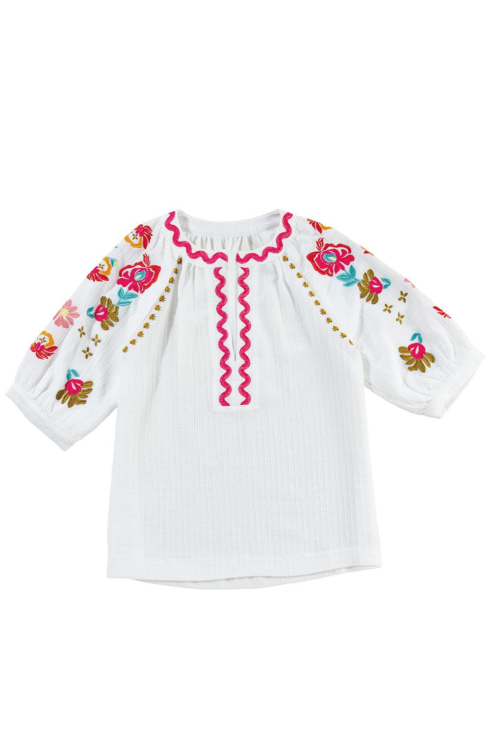 White Floral Embroidered Ricrac Puff Sleeve Textured Blouse - The Fair Lady Shop