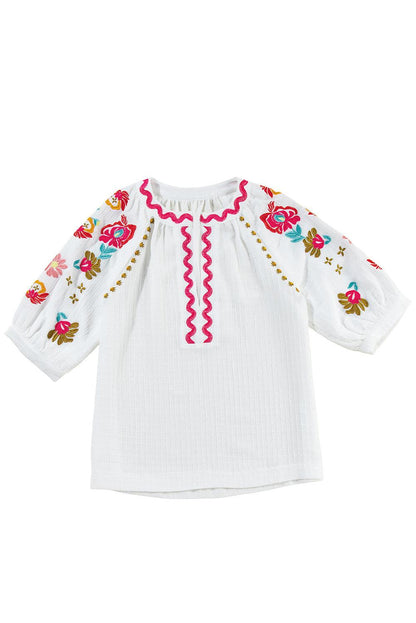 White Floral Embroidered Ricrac Puff Sleeve Textured Blouse - The Fair Lady Shop