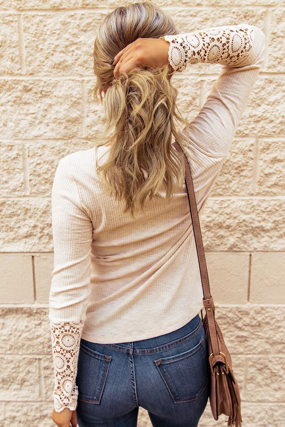 Beige Ribbed Lace Crochet Long Sleeve Henley Shirt for Women - The Fair Lady Shop