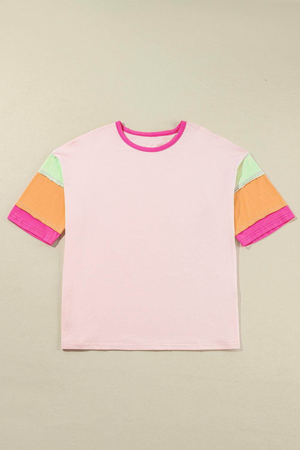 Pink Color Block Sleeve Round Neck Oversize Top - The Fair Lady Shop