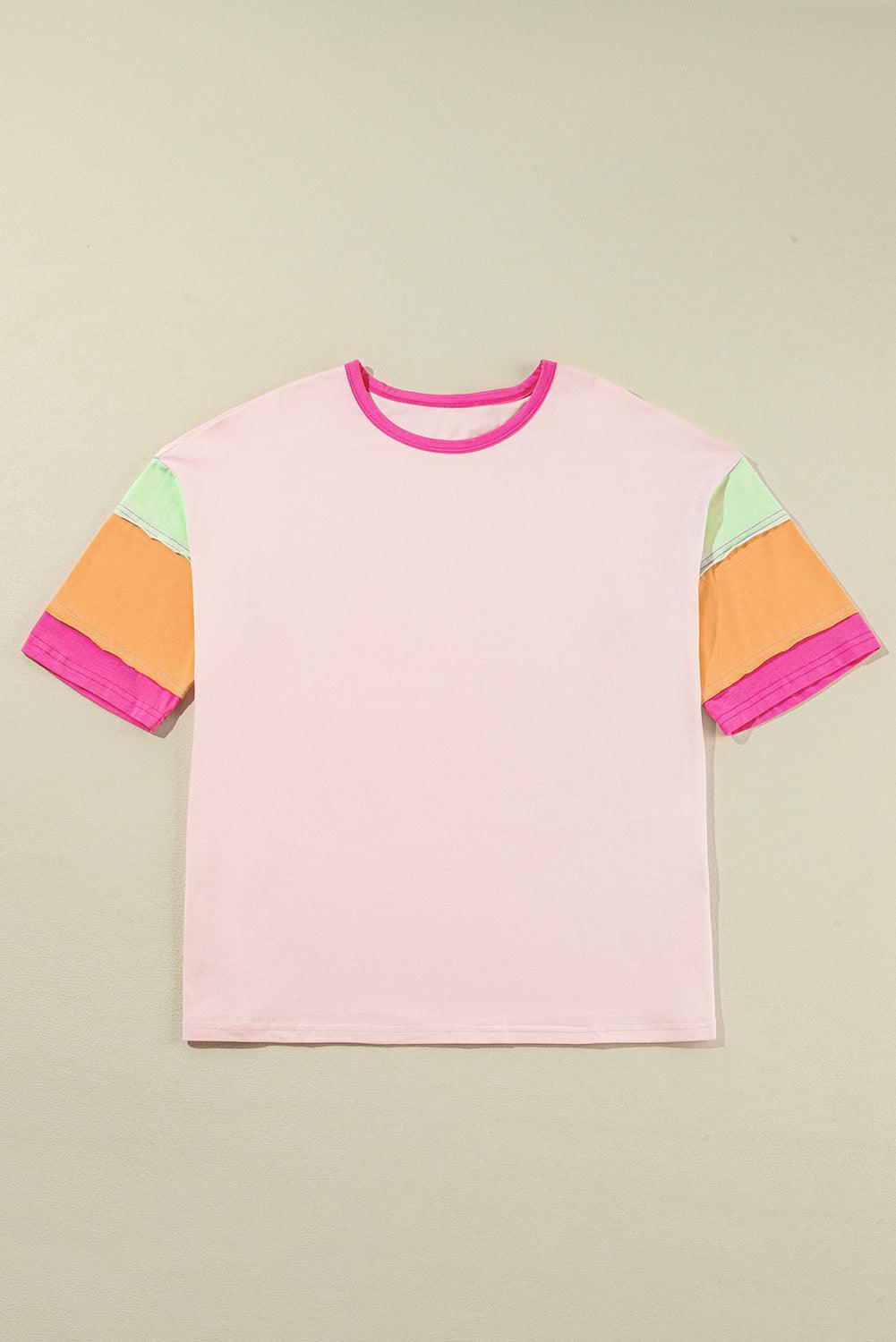 Pink Color Block Sleeve Round Neck Oversize Top - The Fair Lady Shop
