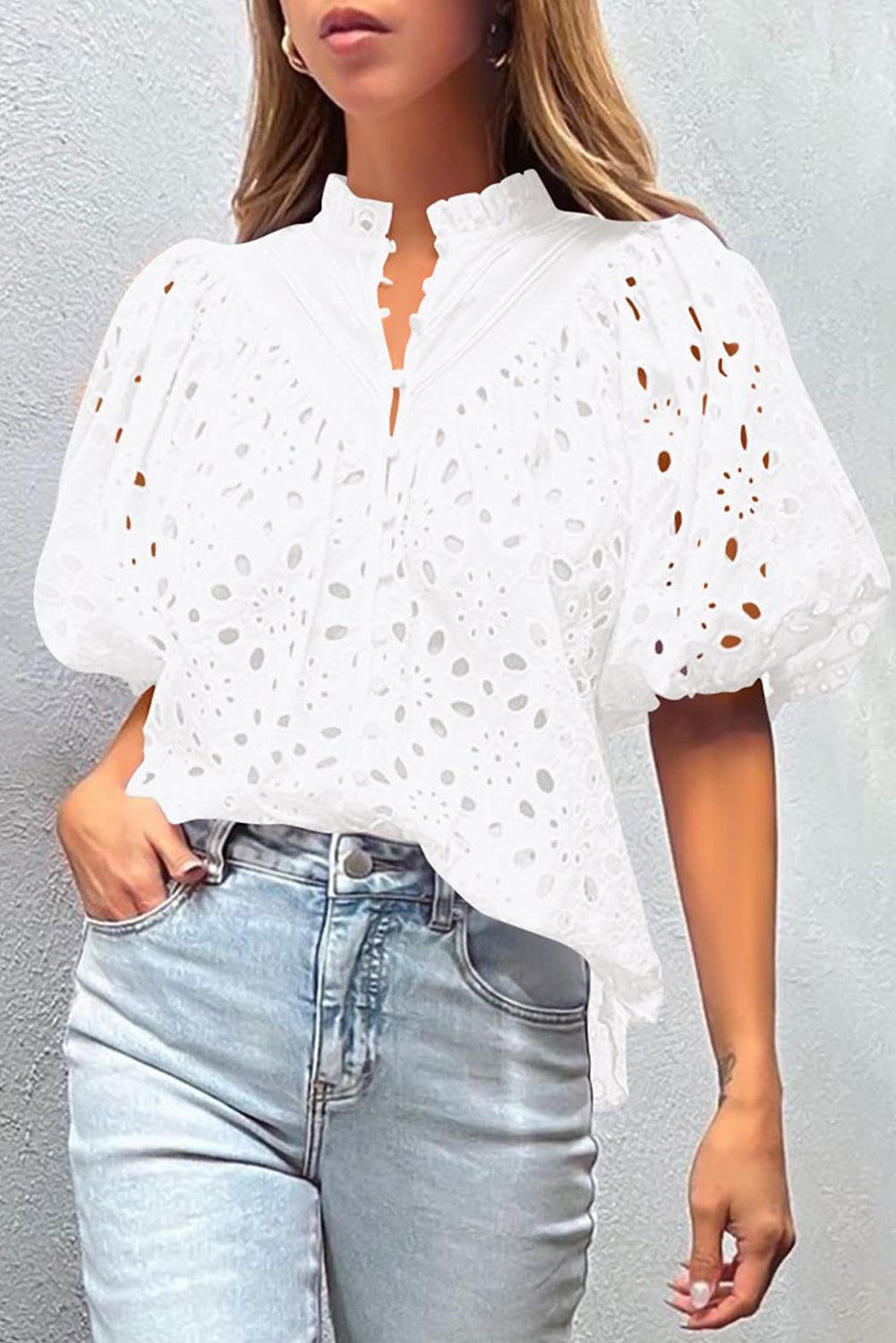 Bonbon Hollow-out Flower Embroidered Short Puff Sleeve Blouse - The Fair Lady Shop