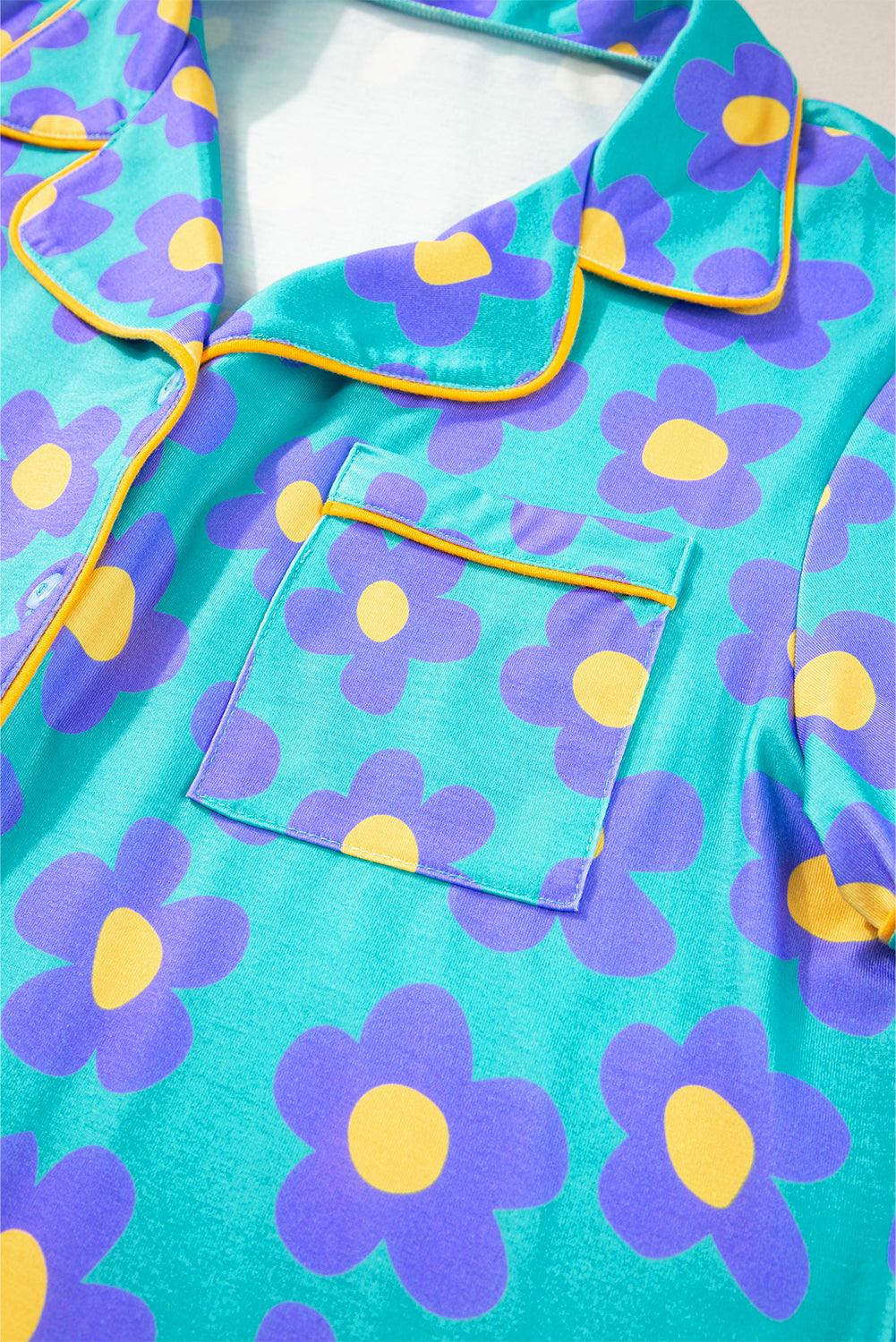 Green Flower Print Buttoned Shirt and Drawstring Waist Pajama Set - The Fair Lady Shop