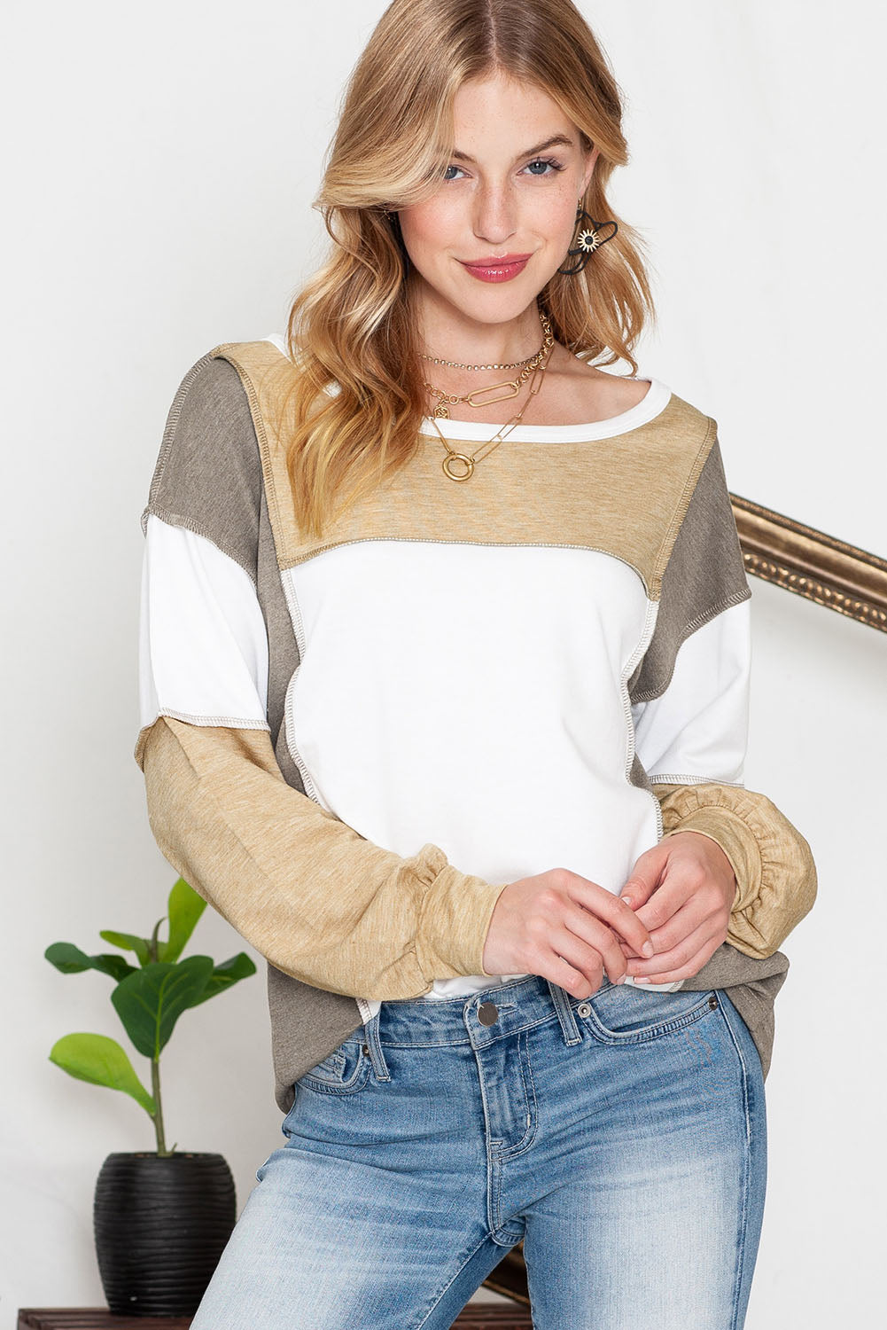 Khaki Color Block Exposed Seam Long Sleeve Top - The Fair Lady Shop