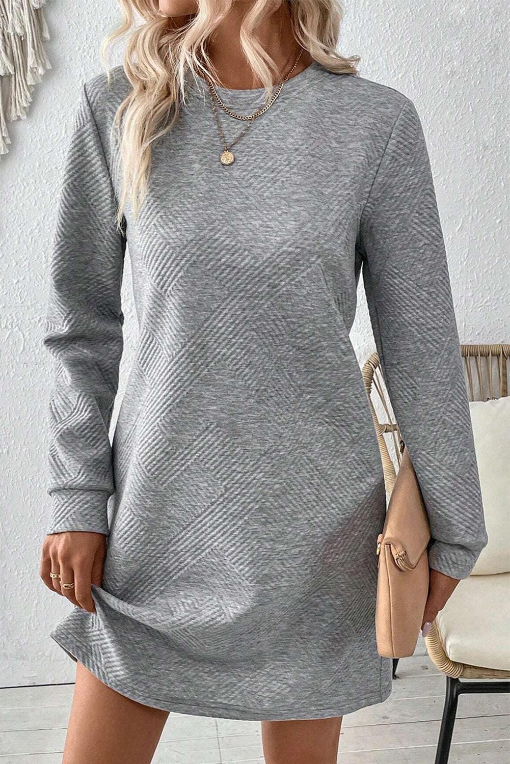Gray Solid Color Textured Long Sleeve Shift Short Dress - The Fair Lady Shop