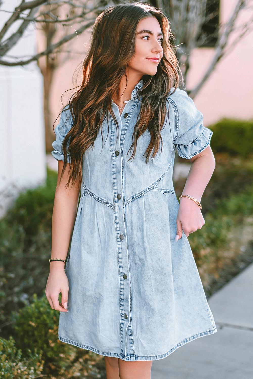 Blue Mineral Washed Ruffled Short Sleeve Pocketed Denim Dress - The Fair Lady Shop