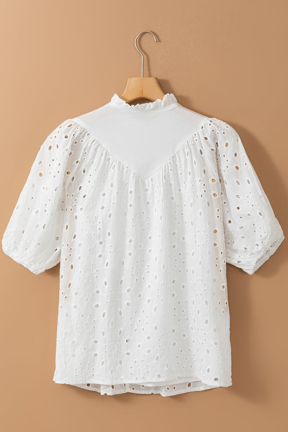 Bonbon Hollow-out Flower Embroidered Short Puff Sleeve Blouse - The Fair Lady Shop