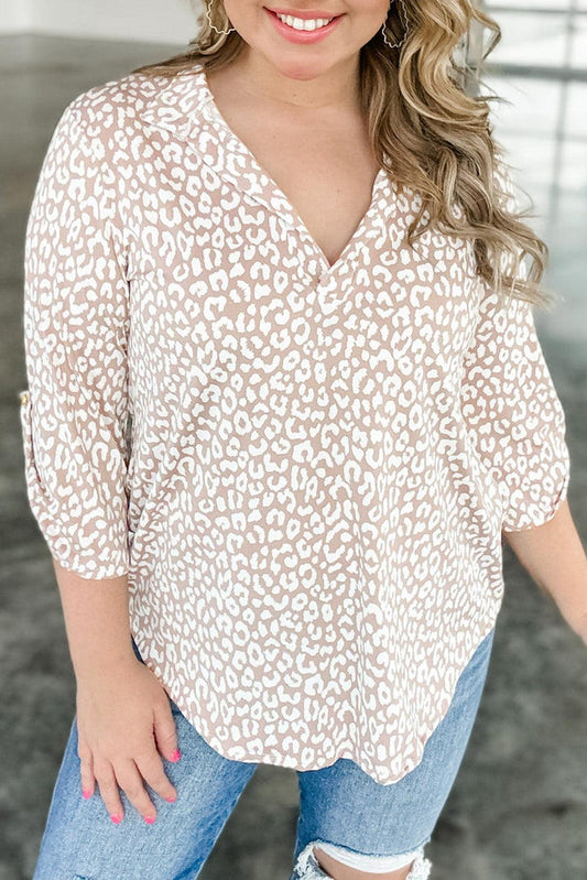 Apricot Leopard Tab Sleeve V Neck Plus Size Top - The Fair Lady Shop